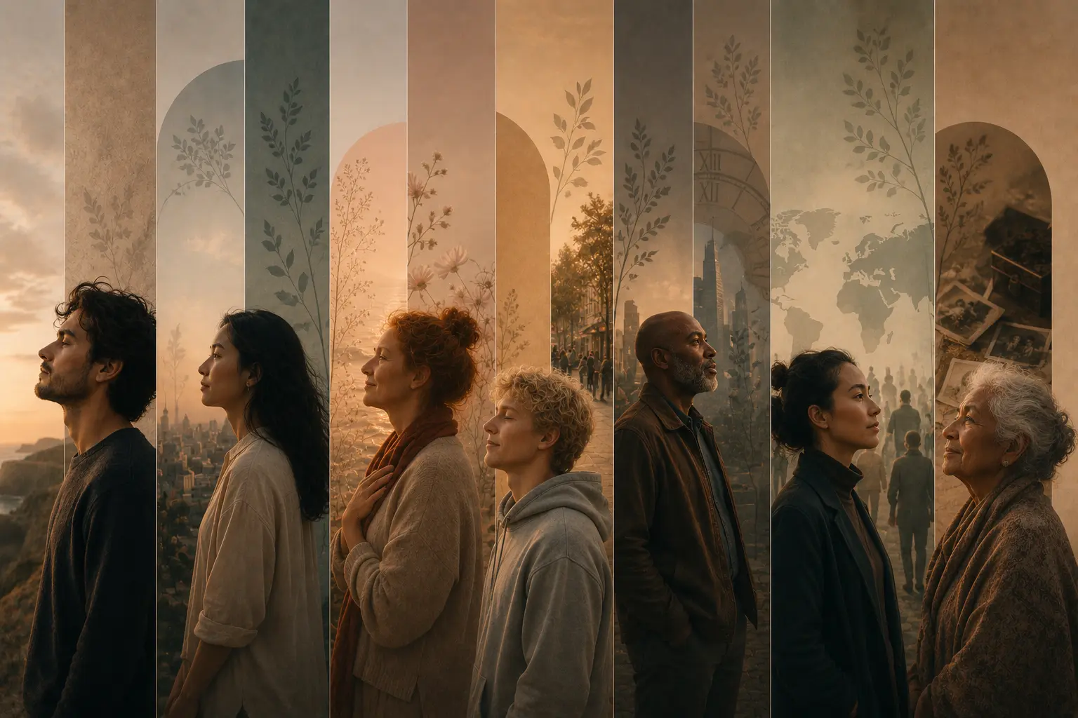 A warm reflection library hero image showing different people in calm reflective scenes.