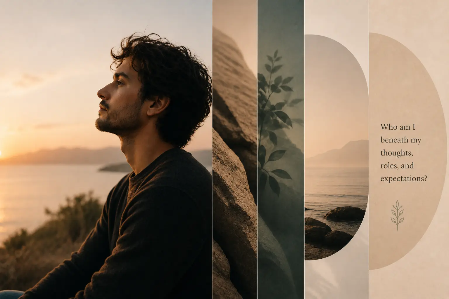 A thoughtful young man reflecting quietly in nature, representing self-discovery and self-reflection.