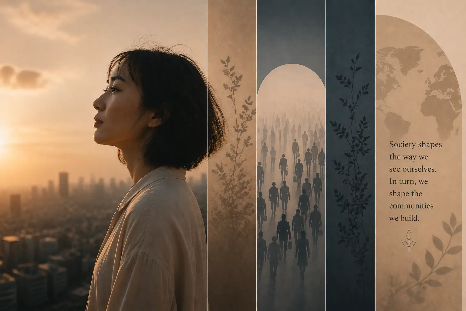 A reflective person looking at the world around them, representing society, community, and belonging.